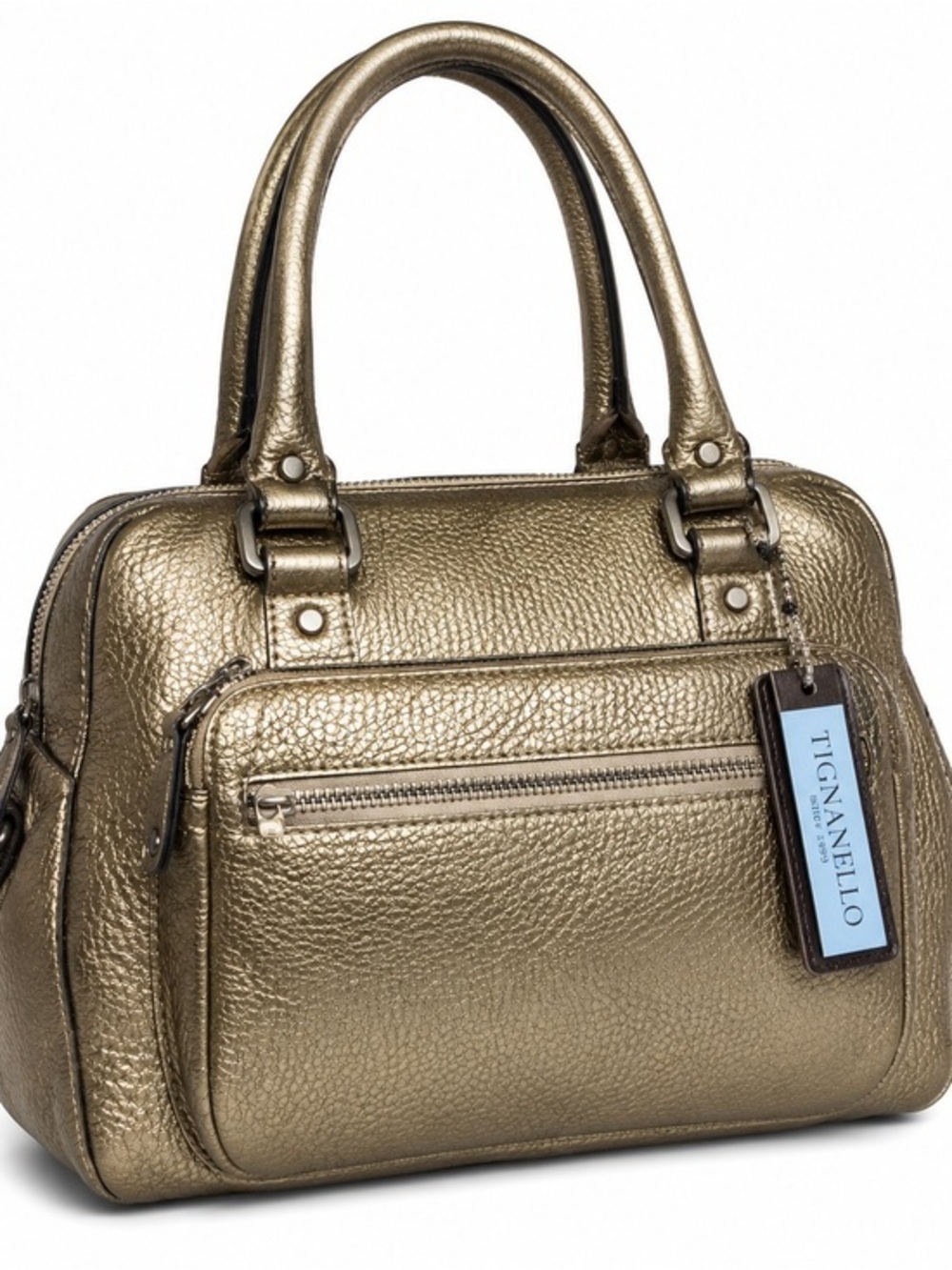 NWT Tignanello Metallic Pebbled Leather Satchel Gold Bronze Shoulder Bag